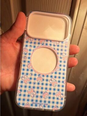 PopSocket Blue Gingham Phone Case with Pink Bunny Motif